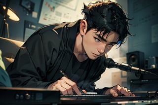 beautiful high res photo realistic detailed background Japanese music holl,【BRAKE】35years old, 3MENS playing synthesizer 、fullbody、musician YMO. {{{ RYUICHI SAKAMOTO keyboard, YUKIHIRO TAKAHASHI dram、HARUOMI HOSONO bass、 }}}Manga-style speech bubbles in Japanese→君に胸キュン！