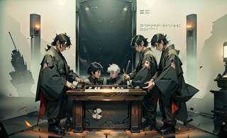 beautiful high res photo realistic detailed background Japanese music holl,【BRAKE】45years old, 3MEN playing synthesizer 、A stage where three people lined up in a row, are separated、　Red suit standing play fullbody、musician YMO. {{{ RYUICHI SAKAMOTO ((keyboard)), YUKIHIRO TAKAHASHI ((dram)), HARUOMI HOSONO .((bass)), }}}Manga-style speech bubbles in Japanese→君に胸キュン！,cyber_tech ,inboxDollPlaySetQuiron style,DonMASKTex 