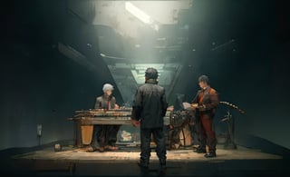 beautiful high res photo realistic detailed background Japanese music holl,【BRAKE】45years old, 3MEN playing synthesizer 、A stage where three people lined up in a row, are separated、　Red suit standing play fullbody、musician YMO. {{{ RYUICHI SAKAMOTO ((keyboard)), YUKIHIRO TAKAHASHI ((dram)), HARUOMI HOSONO .((bass)),The letters on the screen are 【ymo】}}},cyber_tech ,inboxDollPlaySetQuiron style,DonMASKTex 