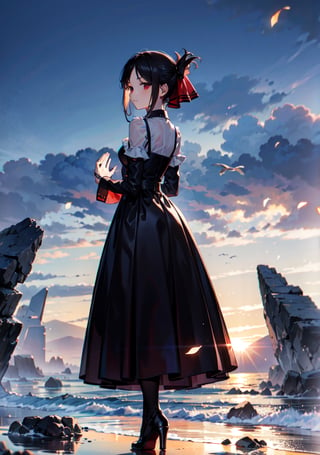 (masterpiece), (best quality), 4k, 1girl,kaguya shinomiya, black one piece dress, red eyes with black gradient, long skirt, Small hands, hands behind the back, light_particles, comprehensive cinematic, magical photography, (gradients), detailed landscape, coherence, 1panel, full body, folded ponytail, basic_background, standing, pose simple