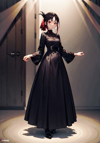 (masterpiece), (best quality), 4k, 1girl,kaguya shinomiya, black one piece dress, red eyes with black gradient, long skirt, Small hands, hands behind the back, light_particles, comprehensive cinematic, magical photography, (gradients), detailed landscape, coherence, 1panel, full body, folded ponytail, basic_background, standing, pose simple