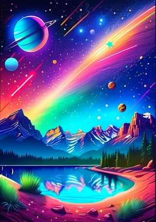 (masterpiece), (best quality), starry_sky, moon, meteor_shower, (full dual colour neon lighting)::1, (detailed background), (masterpiece:1.2), (ultra detailed), (best quality), comprehensive cinematic, magical photography, (gradients), colorful, detailed landscape, visual key, only_sky::2, galaxy_shower, afire_expansive. no_buildings, exposed_planets, group of round planets in line::3, swimming fish::4, giant star illuminated in the center of bright colors::5