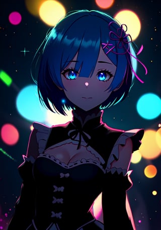 rem_re_zero, blue hair, short hair, maid uniform, hair ornament, cleavage, maid headdress, detached sleeves, ribbon,1girl, solo, highres, look at the sky, night_sky, stars in the sky, light particles, ,best quality, masterpiece,rem, glitter,	 SILHOUETTE LIGHT, shadows a little lit, neon lights, blueeyes, lights, purple and blue neon lights, lights towards the face,Neon Light, looking at the viewer,neon palette