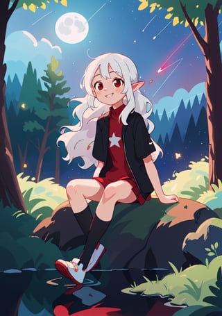(masterpiece), (best quality), 4k, 1girl, white_hair. wavy_hair. smile, like, white_shirt. long socks, black_kneehighs, red eyes, Small hands, focus face, light_particles, comprehensive cinematic, magical photography, (gradients), detailed landscape, editorial_photography,coherence, 1panel, forest_background, midnight, starry_sky, moon, wind in hair, reflection in the water, sharp_focus, big depth of field, thin legs, looking_at_viewer, simple_background, anatomically correct, black_jacket, Red shirt,forest_elf,oil impasto,shrug \(clothing\), long sleeves, sitting, White shoes,ridingsexscene,sitting moon,split, short sleeves,background,lightingblurry,EpicSky