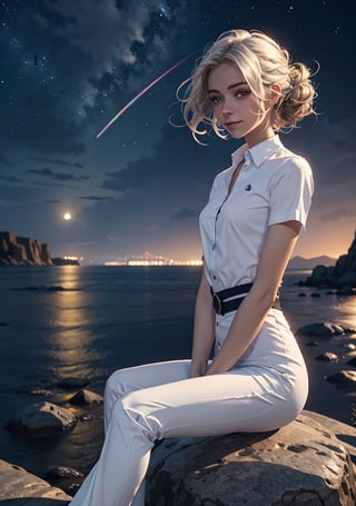 (masterpiece), (best quality), 4k, 1girl, white_hair. wavy_hair. smile, like, white_shirt. pants, cloth dress, red eyes with black gradient, Small hands, focus face, light_particles, comprehensive cinematic, magical photography, (gradients), detailed landscape, coherence, 1panel, basic_background, midnight, starry_sky, moon, wind in hair, blue tones, reflection in the water, thin legs, looking_at_viewer, sitting on a rock::1, simple_background, full_body