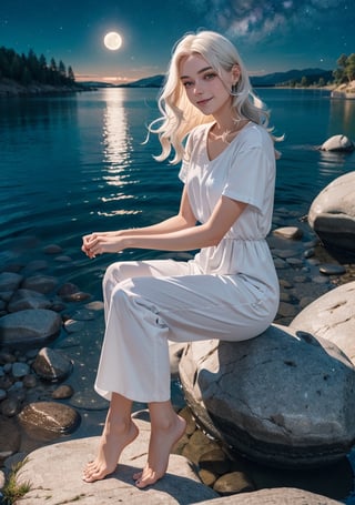 (masterpiece), (best quality), 4k, 1girl, white_hair. wavy_hair. smile, like, white_shirt. pants, cloth dress, red eyes with black gradient, Small hands, focus face, light_particles, comprehensive cinematic, magical photography, (gradients), detailed landscape, coherence, 1panel, basic_background, midnight, starry_sky, moon, wind in hair, blue tones, reflection in the water, thin legs, looking_at_viewer, sitting on a rock::1, simple_background, full_body