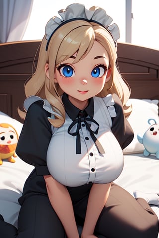 beautiful young girl, huge breasts, nice figure, light-eyed blonde, seductive in bed, cute, 3d pixar style,  maid_uniform