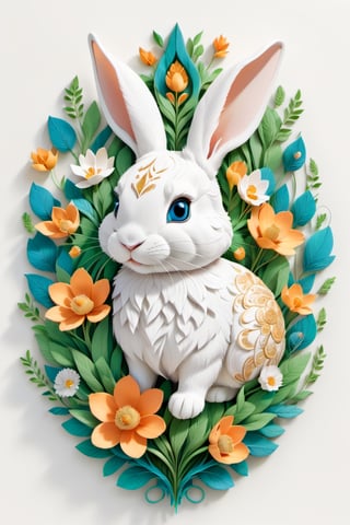 Paint a picture of the perfect balance between art and nature. a rabbit, Incorporate elements like flowers, leaves, animals, and other natural patterns to create a unique and intricate design, symmetrical,perfect_symmetry,Leonardo Style,oni style, line_art,3d style, white background