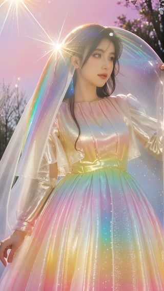 French woman wearing a garment made entirely of iridescent soap bubbles, radiating rainbow-colored reflections,dress that gracefully captures the light, displaying a spectrum of colors as if adorned with shimmering bubbles,Emphasize the ethereal and enchanting quality of the Transparent outfit, stunning and sophisticated ensemble,sparkling soap bubbles Clothes,miyo,Glass Elements