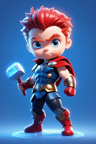 1boy, solo, chibi, full body, looking at viewer, blue eyes, short hair, red hair, Marvel hero, Thor, blue background