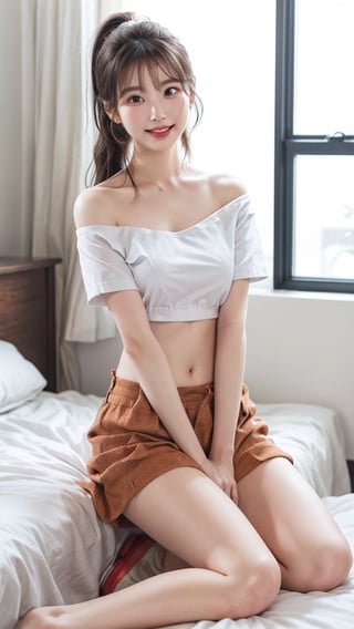 (photorealistic, masterpiece, best quality, raw photo), 1 beautiful girl, 18-23 years old, smiling with visible perfect teeth, detailed beautiful eyes and face, full_body, sitting on knees, bigger breasts, off shoulder, upshirt, flat belly, long light-brown ponytail, realistic detailed skin texture,  bedroom, natural sunlight, depth of fields, sharp-focus,hyelin,iu,iulorashy