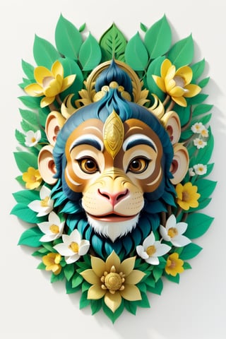 Paint a picture of the perfect balance between art and nature. a monkey, Incorporate elements like flowers, leaves, animals, and other natural patterns to create a unique and intricate design, symmetrical,perfect_symmetry,Leonardo Style,oni style, line_art,3d style, white background