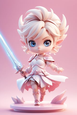 1girl, solo, chibi, full body, looking at viewer, angry face, blue eyes, elf ears, short hair, blonde hair, white dress, magic sword, pink background