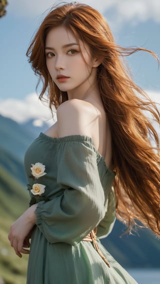 Highland bard, ruddy skin from mountain winds, wavy auburn locks flowing freely, complemented by deep-set mossy green eyes, long messy hair blown up by gentle wind, rim light, sunset. perfect face, lips a soft rose, normal breasts, off shoulder, hinting at melodies unsung. FilmGirl, xxmix_girl, detailed eyes, half body view, facing viewer