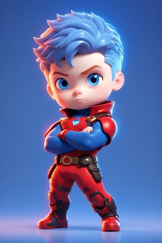 1boy, solo, chibi, full body, looking at viewer, blue eyes, short hair, red hair, Marvel hero, blue background