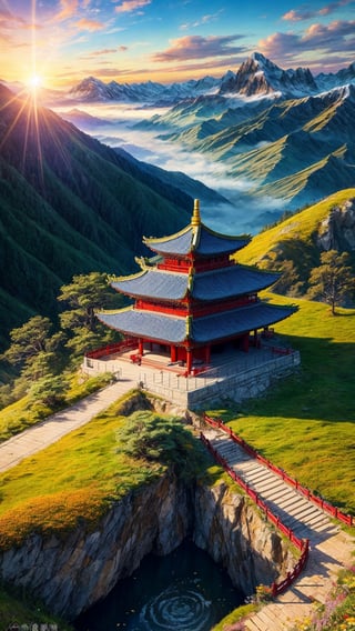 masterpiece, best quality, official_art, aesthetic and beautiful, potrait of old chinese temple on the cliff, mountain, valley, flowers, spring_season, no_humans, sunrise