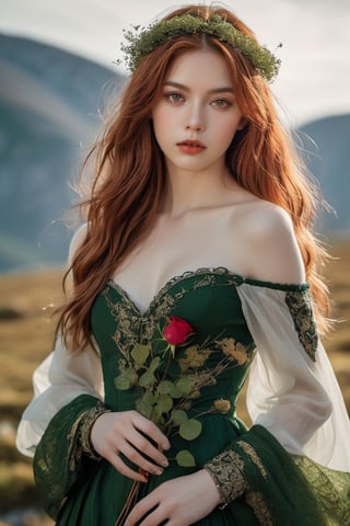Highland bard, ruddy skin from mountain winds, wavy auburn locks flowing freely, complemented by deep-set mossy green eyes. perfect face, lips a soft rose, off shoulder, hinting at melodies unsung. FilmGirl, xxmix_girl, detailed eyes