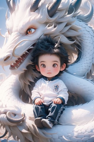 solo, short hair, black hair, red eyes, 1boy, closed mouth, male focus, horns, chibi, aged down, child, dragon, male child,