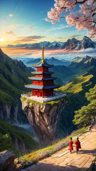 masterpiece, best quality, official_art, aesthetic and beautiful, potrait of old chinese temple on the cliff, mountain, valley, flowers, spring_season, no_humans, sunrise