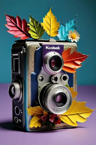 Colorful, kodak analog-camera made of leaf and flower, matte, metal, shine , highres