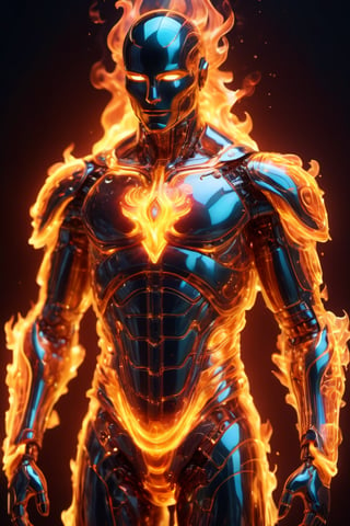 fire as part of a human body, front facing, full body, front side, subsurface scattering, transparent, translucent skin, glow, bloom, Bioluminescent liquid,3d style,cyborg style,Movie Still,Leonardo Style, warm color, vibrant, volumetric light