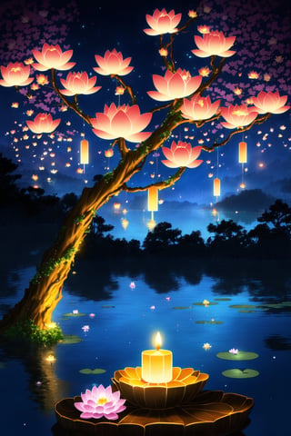 Around the image of the galaxy and the half-dark sky, floating candles on the pond, bright lotus flowers on the pond, dense forest, luminous butterflies, beautiful fireflies sitting on a boulder in meditation, half-naked, long dark hair, angular face, eyes  Big white and gold angels on the tree branches