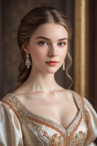  A beautiful white girl wearing a gorgeous dress, standing in the corner looking at the camera, 19th century American banquet style, portrait style,Looking at the camera,ulta realistic, detailed, clear focus, deep focus, mouth closed