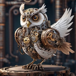 steampunk style,a white bird with gears attached to it's wings, mechanical bird, mechanical cute bird, robot bird, a surrealistic bird, mechanical owl, 3d rendered steampunk, intricate mechanical body, hyper detailed 3 d render, hyper detailed 3d render, mechanical wings, houdini 3 d render, surrealistic bird, digital steampunk art, white biomechanical details