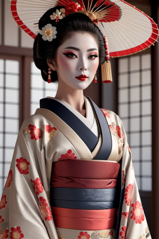 Render a photorealistic image of a geisha, the subtle details of her makeup and intricate kimono standing out in stunning clarity. Use the Canon EOS R6 Mark II with an 800mm lens to produce a hyper-detailed, 64K resolution image,Movie Still,