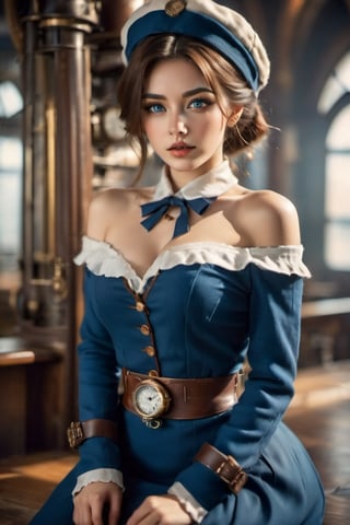 FilmGirl,HZ Steampunk,belt, gear, 1girl, solo,mole on chest,cute white beret,sweater,hair up,hair tied,  dynamic view,focus on chest, platinum hair,uniform, realistic,, cleavage ,dress, long curl hair, sitting, bare shoulders, looking at viewer, collarbone, blue eyes, lips, see-through, off shoulder, small breasts,


standing and with a big ass, big and voluptuous breasts, sensual and erotic, front view, with a large and erotic sex,nud, full body, front view
