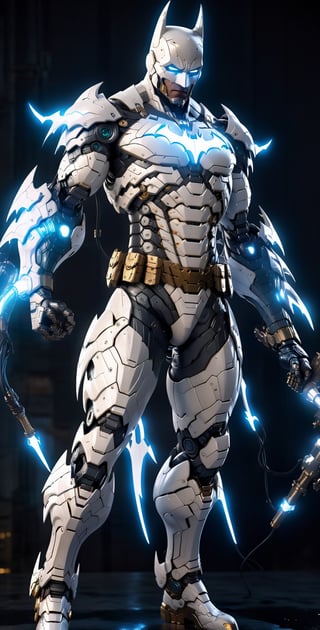 A Hi-Tech cyberpunk style white batman suit, Custom design, shining body, glowing look, full shining suit, body, hues.,steampunk style,cyberpunk style,mecha, perfect custom Hi-Tech suit, holding glowing lightning sword, weapon master, 