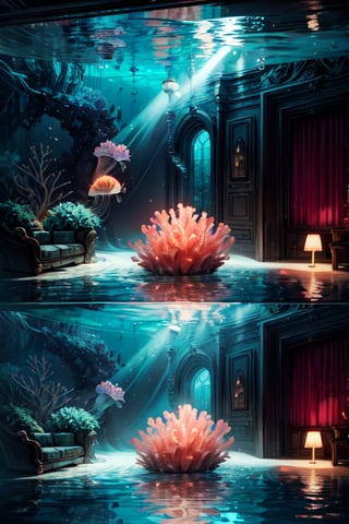 Generate a realistic photographic image of a living room with transparent walls, under the water. The room is surrounded by big jellyfish and big coral, illuminated by soft natural light."