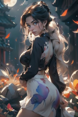 masterpiece, best quality, 1girl, (colorful),(finely detailed beautiful eyes and detailed face),cinematic lighting,bust shot,extremely detailed CG unity 8k wallpaper,white hair,solo,smile,intricate skirt,((flying petal)),(Flowery meadow) sky, cloudy_sky, building, moonlight, moon, night, (dark theme:1.3), light, fantasy,,fantasy, high contrast, ink strokes, explosions, over exposure, purple and red tone impression , abstract, ((watercolor painting by John Berkey and Jeremy Mann )) brush strokes, negative space,girl,Japanese scene ,Chinese style

standing and with a big ass, big and voluptuous breasts, sensual and erotic, front view, with a large and erotic sex, blond hair, nud, full body