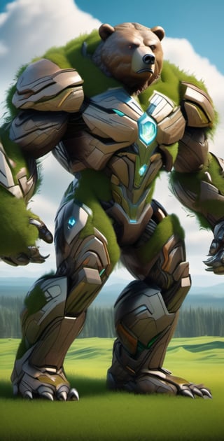 full body shot, (((((bear-like earth elemental hybrid))))) with ((((earth golem head)))), (((((soil skin))))), (((soil body))), (((((small lush grass on body))))), ((fighting pose)), (earth armor), cyborg style,cyborg style