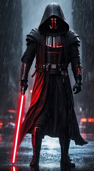 One man, hoody, black armor, holding one red lightsaber, full body
| wet surfaces, rain, lightning, sparks
| builings, (masterpiece, best quality, ultra-detailed, best shadow)