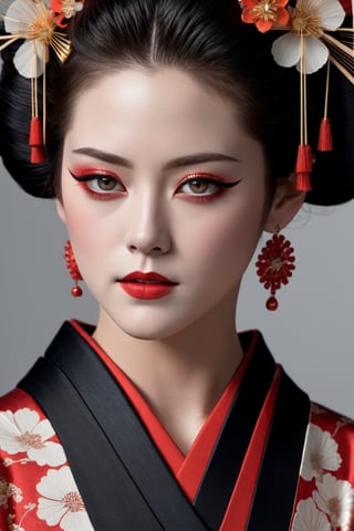 Render a photorealistic image of a geisha, the subtle details of her makeup and intricate kimono standing out in stunning clarity. Use the Canon EOS R6 Mark II with an 800mm lens to produce a hyper-detailed, 64K resolution image,Movie Still, kristen stewart