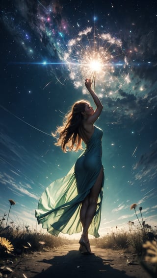 (long-shot photo:1.4) of a beatutiful woman wearing a sheer summer dress (blowing a dandelion), dandelion field, stars and moonlight rays, colorful, (photo-realisitc), nebula background, nebula theme,exposure blend, full body shot, bokeh, (hdr:1.4), (wind:1.5), high contrast, (cinematic, teal and green:0.85), (muted colors, dim colors, soothing tones:1.3), low saturation, hourglass body shape, EpicSky, cloud, hourglass body shape