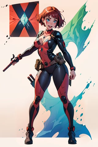 beautiful, crazy, happy girl, full body, standing, sexy pose, (curvy body), (defined body), big boobs, dressed as ((deadpool)) nose pierced, rebellious girl, short hair, side bangs , highly detailed light blue eyes, simple background, extremely detailed, center image, bright sides