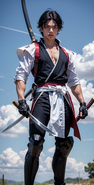 1boy, black-hair, blue eyes, collarbone, lite muscular body, samurai outfit, samurai, holding long katana, blue cloudy sky, daytime, handsome boy, cool look, holding weapon, cutting training, sweat, bamboo, full_body, ,mecha musume