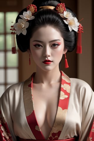 Render a photorealistic image of a geisha, the subtle details of her makeup and intricate kimono standing out in stunning clarity. Use the Canon EOS R6 Mark II with an 800mm lens to produce a hyper-detailed, 64K resolution image,Movie Still, kristen stewart

standing and with a big ass, big and voluptuous breasts, sensual and erotic, front view, with a large and erotic sex, nude, full body, front view
