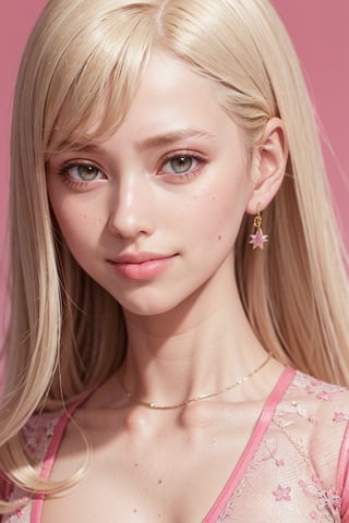  real blond white woman smiling yellow bad teeth looking like a barbie, retro clothes from 90s pink car, pink world, pink background realistic closeup model portrait, 4k, a beautiful woman, wearing light reflecting in eyes, painted background, studio portrait, soft light, rim lighting, twinkle in the eyes, street background, painterly, Razumov Konstantin, Vladimir Volegov