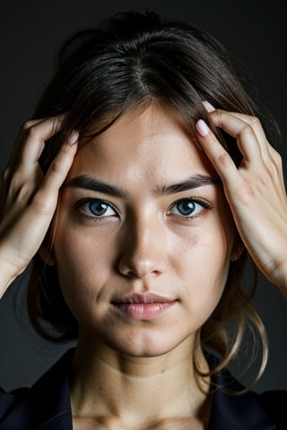 a young businesswoman on a dark background, his eyes and face locked on camera lens, short image