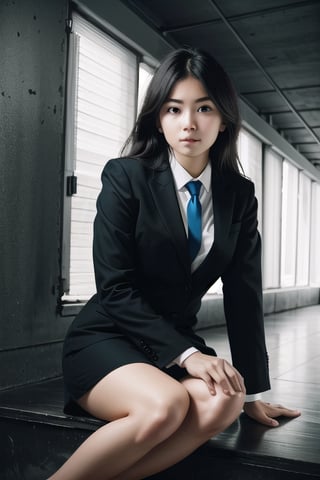 a young businesswoman in a darken room, her eyes and face locked on camera lens, short image