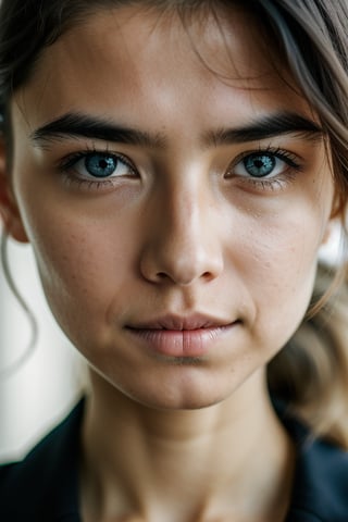 a young businesswoman on a dark background, his eyes and face locked on camera lens, short image