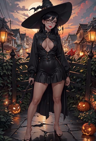 atmospheric scene, masterpiece, best quality (detailed face, detailed skin texture, ultra detailed body), (cinematic light), rHighres, best quality, extremely detailed, horror style, area lighting, HD, 8k, | 

(full body:1.3), (erotic pose:1.2), (beautiful woman standing:1.5), (wide brimmed witches hat:1.5), (beautiful detailed face with vivid eyes:1.1), perfect anatomy, realistic, evil smirk, slender athletic build, hallucinatory, highly detailed, pumpkin with an evil grin, from above, night time, in pumpkin patch with scarecrow

one woman, full lips, straight_hair, (make-up), (black eye shawdow), (black eye liner), (dark-red lipstick), (black glasses), (red shirt with buttons no sleeves), black skirt with side buttons, septum-piercing

((Black Costume:1.2)) , black hair , long hair , naked , barefoot , black nails , complety nude, nudity , black hat witch , medium breasts , cleavage , perfect legs , oiled skin , shiny skin , red eyes , glowing eyes:1.2