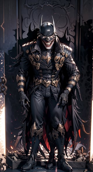 Batman who laughs, ((full-body_portrait)), ((dark room:1.4)), standing_up,batmanwholaughs,horror (theme)