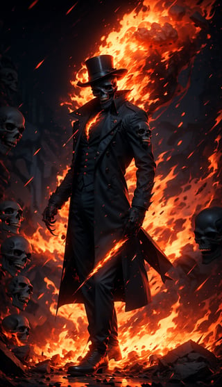 (Masterpiece, best quality, ultra-detailed, best shadow, Unreal Engine 5), (detailed background), one man, ((evil skull head with sharp teeth)), black polo with three buttons, ((red-colored apparel, often in the form of long, two-tailed coats)), open coat, black fingerless gloves, black military-style boots, fire-around, rocks, ruins, red-eyes, eyes-glowing, ((top hat)), rain-fire, fire around her, explosions background,SAM YANG,3DMM,EpicSky