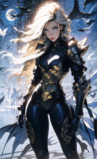 One female, two color hair, black hair, blonde highlights, golden_eyes, thicc_thighs, both hands to the waist, large_breasts, ((very long hair)), tight fit armor, black armor shoulder plates, black chest armor plates, black legs armor plates slightly revealing legs, moon, a white and blue bird_woman with wings, ((masterpiece)), ultra hd, 8k, hdr, dynamic, (bright eyes:1.1), hyper realistic, detailed background, finely detailed_body, perfecteyes, detailedface, detailedeyes, (best shadow, best gray shader, ultra detailed), (detailed background), high contrast, (best illumination, an extremely delicate and beautiful), fullbody stance,edgGaruda_hoodie