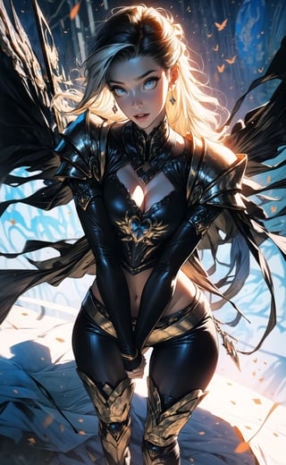 One female, two color hair, black hair, blonde highlights, golden_eyes, thicc_thighs, both hands to the waist, large_breasts, ((very long hair)), tight fit armor, black armor shoulder plates, black chest armor plates, black legs armor plates slightly revealing legs, moon, a white and blue bird_woman with wings, ((masterpiece)), ultra hd, 8k, hdr, dynamic, (bright eyes:1.1), hyper realistic, detailed background, finely detailed_body, perfecteyes, detailedface, detailedeyes, (best shadow, best gray shader, ultra detailed), (detailed background), high contrast, (best illumination, an extremely delicate and beautiful), fullbody stance