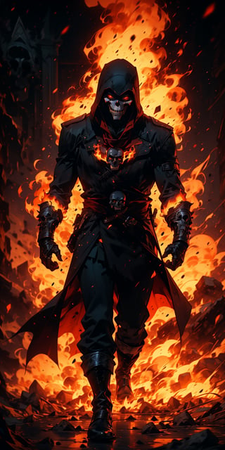 Masterpiece, best quality, ultra-detailed, best shadow), (detailed background), (beautiful detailed face, beautiful detailed eyes),1man, evil skull head with sharp teeth, black polo with three buttons and torn details, fist clenched, black-colored apparel, often in the form of long, two-tailed coats, black fingerless gloves, black military-style boots, fire-around, rocks, ruins, red-eyes, fire coming out of the eyes, eyes-glowing, ((assassins creed)), (full body), walking through the fire, fire around him,SAM YANG,3DMM